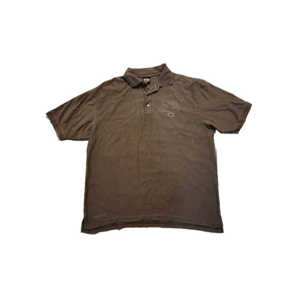 Harley Davidson 2XL Cotton Brown Ribbed Polo Shirt Biker Grunge